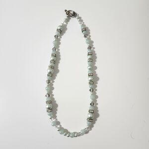 Mint Green Transparent Rhinestone Silver Tone Round Square Beaded Necklace